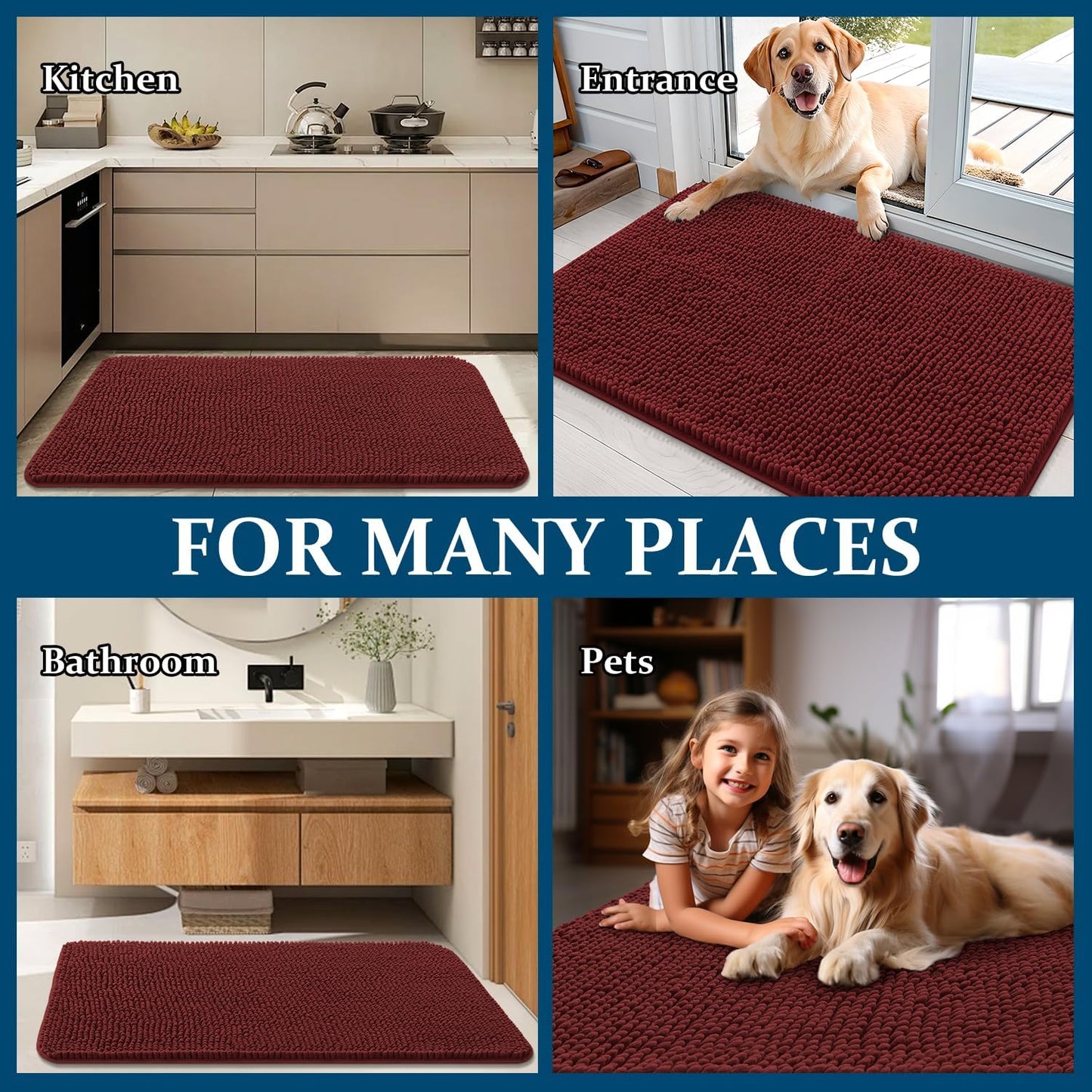OLANLY Dog Door Mat - Absorbent Non-Slip Washable Doormat for Muddy Paws | 35x24, Quick Dry Chenille, Caramel Russet