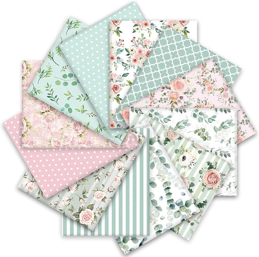 Whaline 12Pcs Cotton Fabric Bundles - Floral Greenery Prints | 18 x 22 Inch Fat Quarters for DIY Crafting