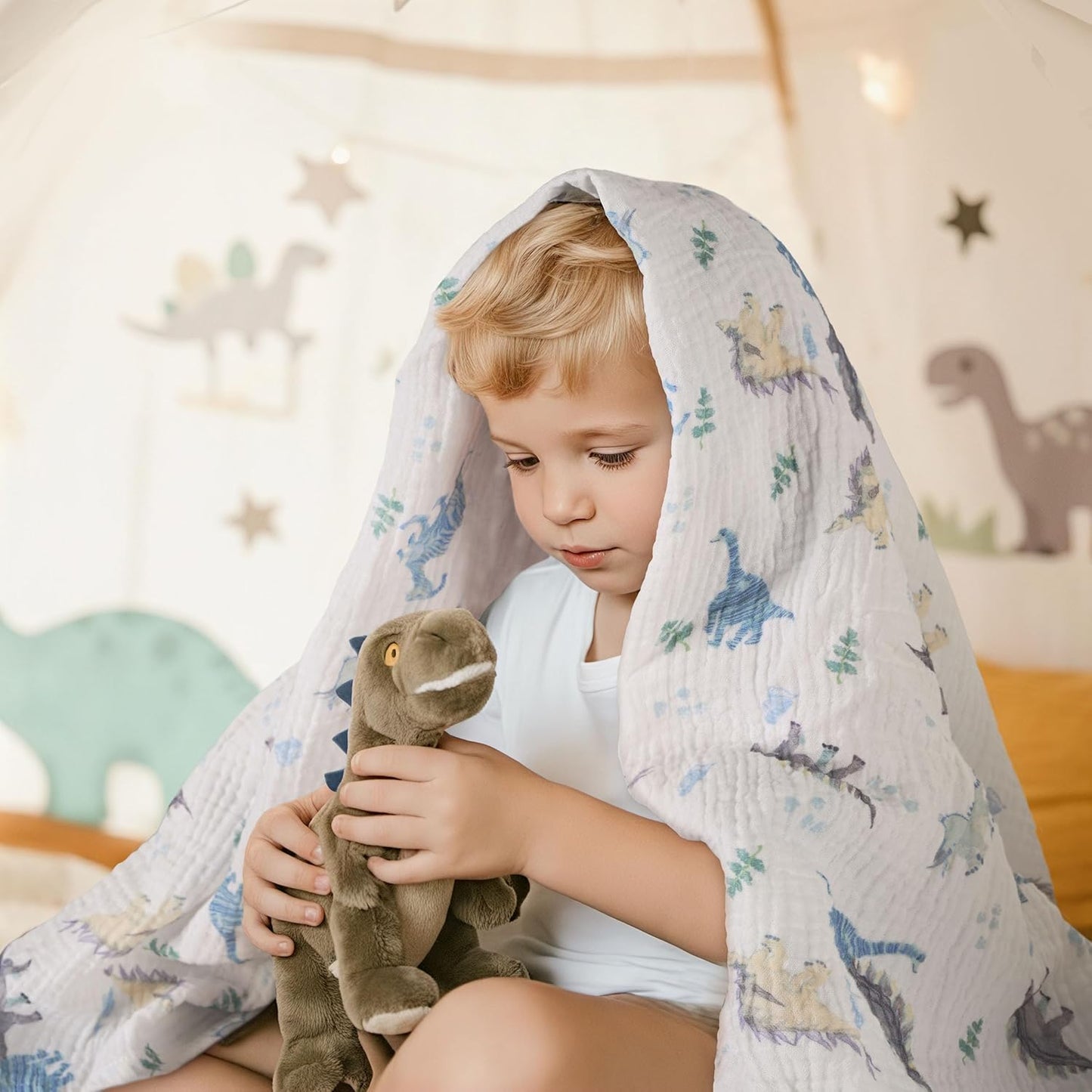 Skiennix Muslin Swaddle Blankets - 3 Pack Soft & Breathable Receiving Blankets | Large 38 x 40 Inches (Blue Dinosaur)