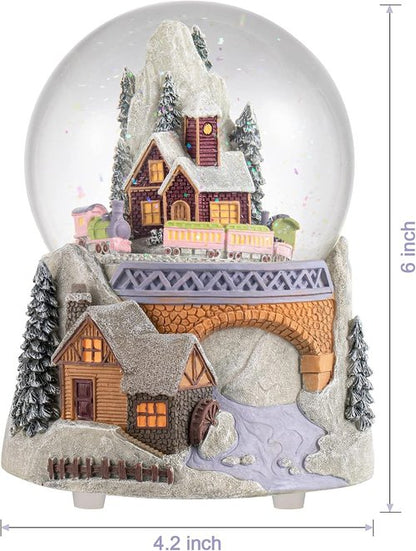 Castle Snowy House Snow Globe - Color Changing Lighting & Revolving Train | Winter Wonderland Decor