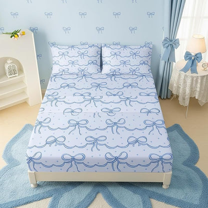 Bow Kids Sheets Set Full Size with Bowknot 16" Deep Pocket - Blue