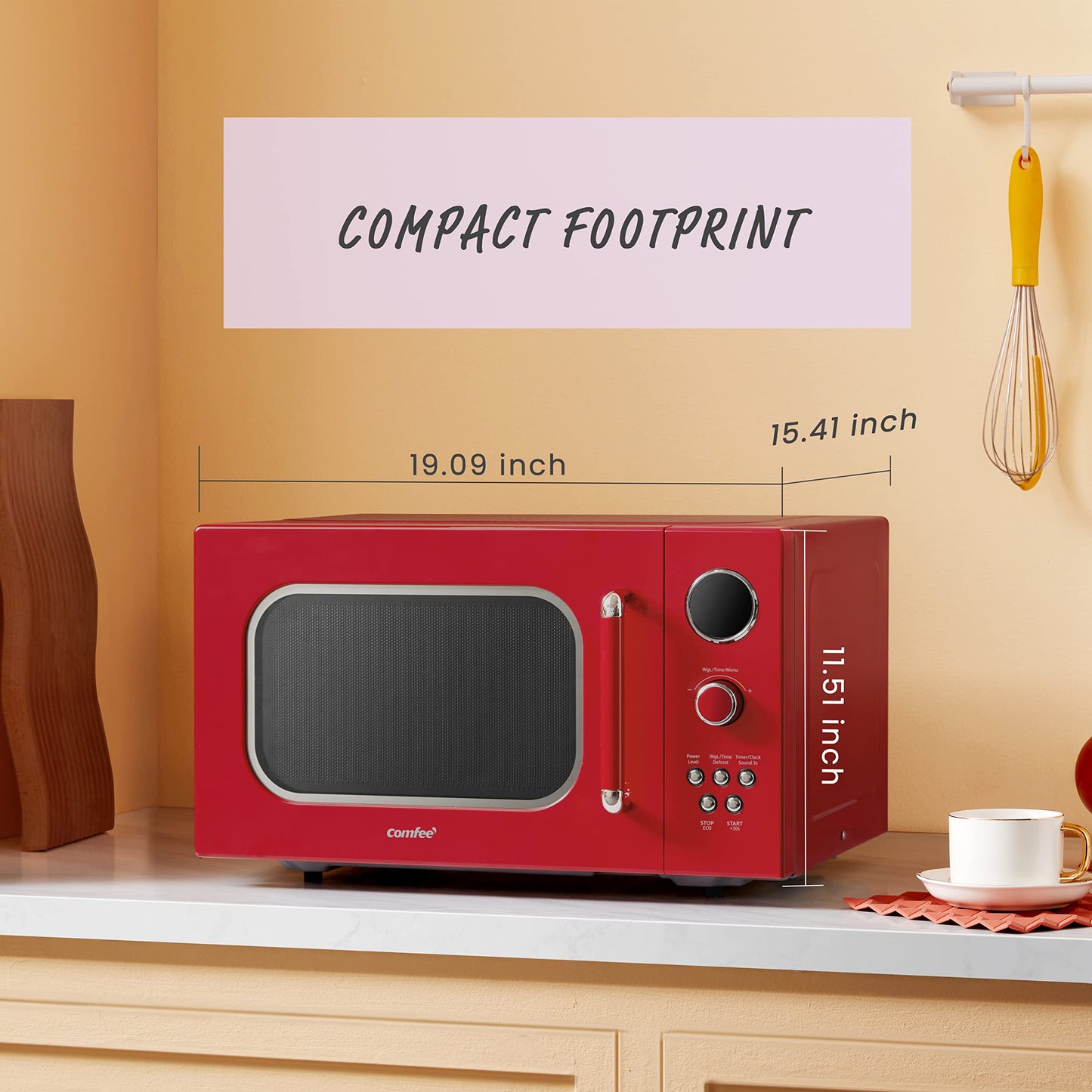 COMFEE' CM-M093ARD Retro Microwave with 9 Preset Programs, Fast Multi-stage Cooking, Turntable Reset Function Kitchen Timer, Mute Function, ECO Mode, LED digital display, 0.9 cu.ft, 900W, Red