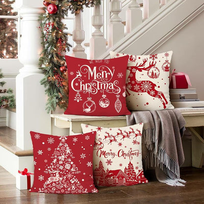Red Christmas Double-Sided Pillow Covers 16x16 inch - Set of 4 (Variation: Red Christmas-2+16" x 16" )