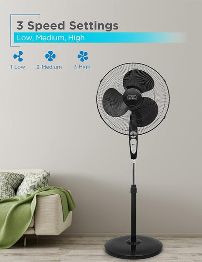 BLACK+DECKER 18-Inch Adjustable Stand Fan - Remote Control, 90-Degree Oscillation, Black