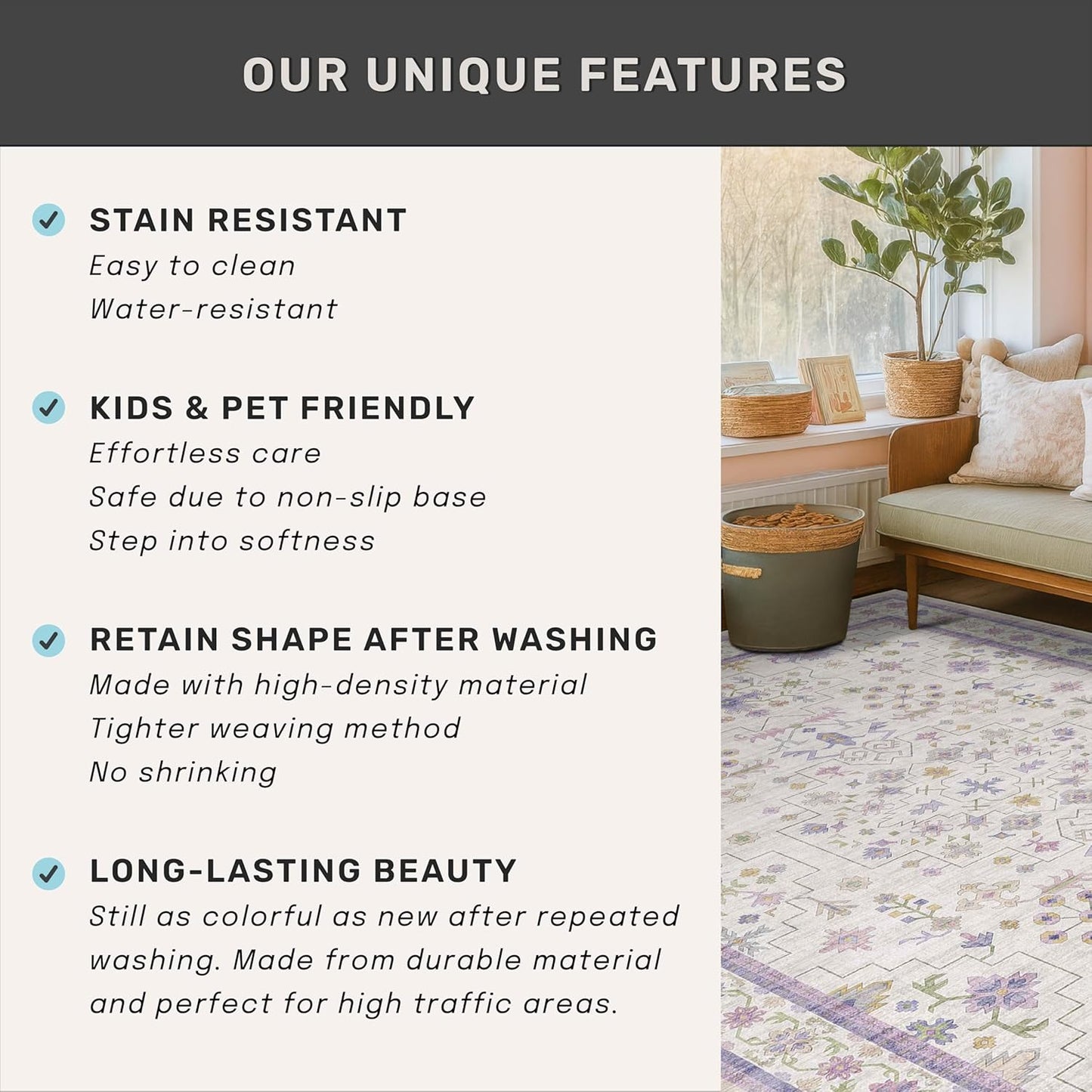 Regine Switzerland Light Purple Floral Area Rug - 5x8 Washable Non-Slip Carpet for Kids' Rooms