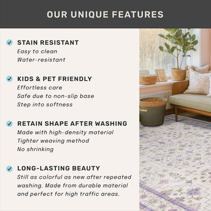 5x7 Light Purple Area Rug for Girls Bedroom, Living Room, Nursery, Non Slip Washable Area Rugs, Lavender and Cream with Green Accent, Low Pile Foldable Carpet