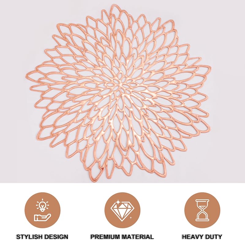 Rose Gold Placemats Set of 6 — 15" Round Metallic Vinyl Table Mats for Weddings & Events (Variation: Rose Gold+6)