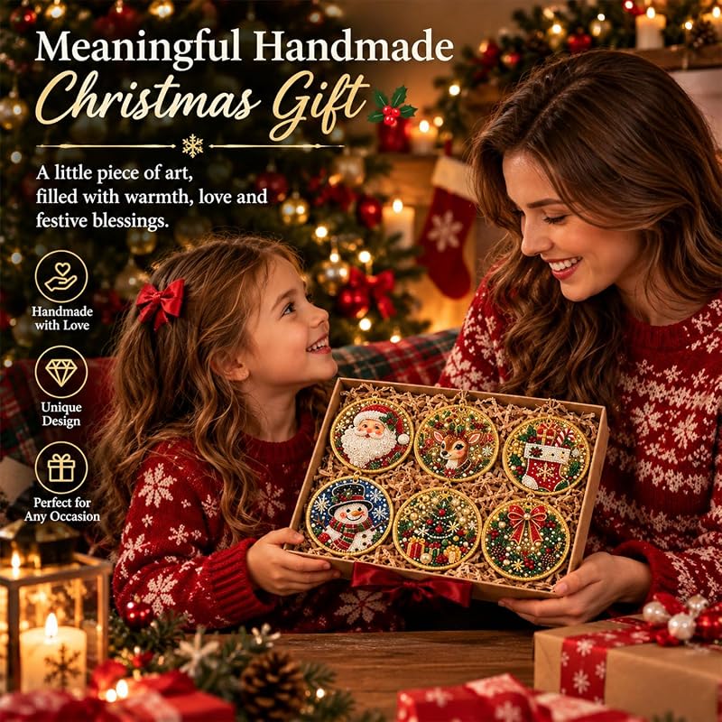 6Pcs Wooden Christmas Ornament DIY Pearl Diamond Art Kit Set