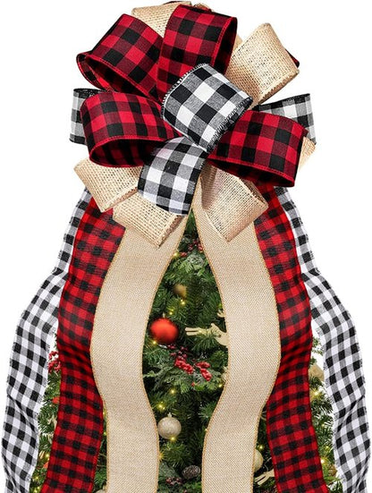 Buffalo Plaid Christmas Tree Topper - Handmade Red & Black Burlap Gift Bow | 13 x 29 Inch Holiday Decor