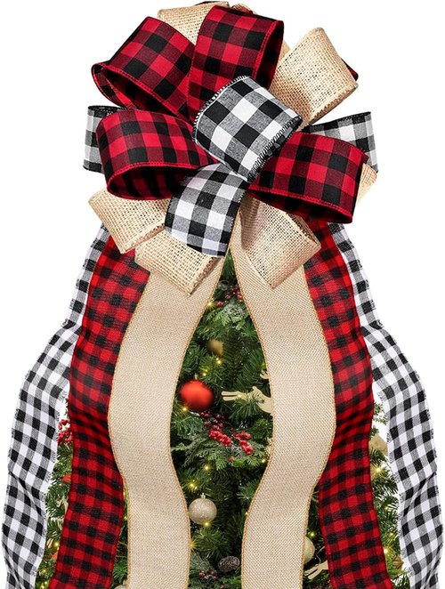 Buffalo Plaid Christmas Tree Topper - Handmade Red & Black Burlap Gift Bow | 13 x 29 Inch Holiday Decor