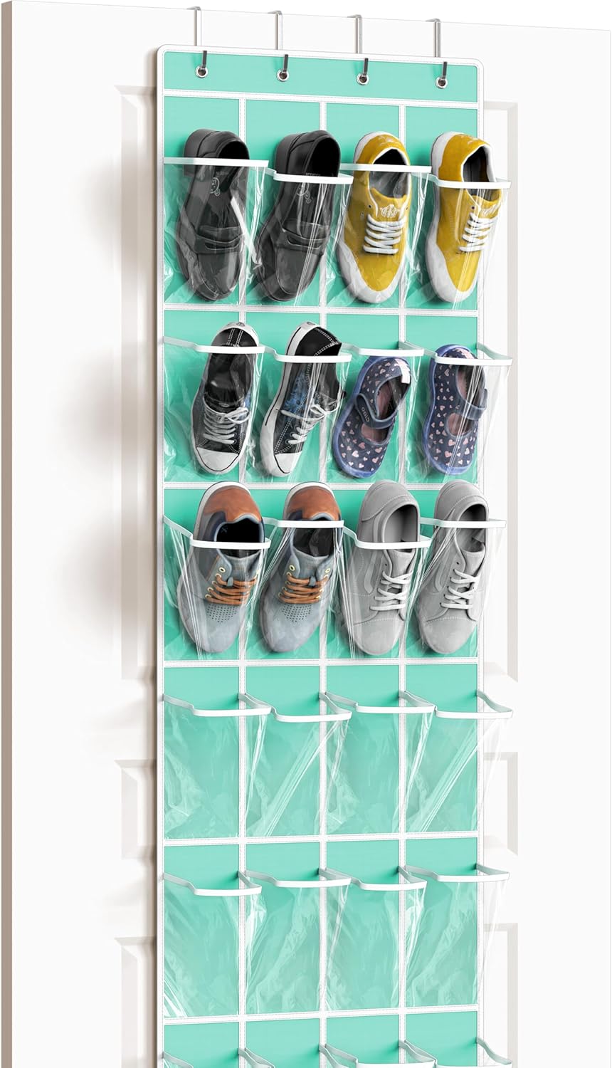 Simple Houseware 24-Pocket Over The Door Shoe Organizer - Crystal Clear, Turquoise (64'' x 19'')