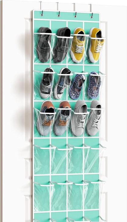 Simple Houseware 24-Pocket Over The Door Shoe Organizer - Crystal Clear, Turquoise (64'' x 19'')