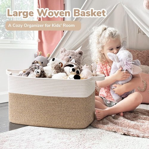 Goodpick Large Woven Blanket Basket - 21.6" x 14.9" x 11.8" Cotton Rope Storage for Living Room & Bedroom - White & Brown