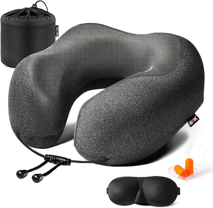 MLVOC Travel Neck Pillow - Upgraded 100% Pure Memory Foam for Airplane Comfort | Includes 3D Eye Mask & Earplugs, Black
