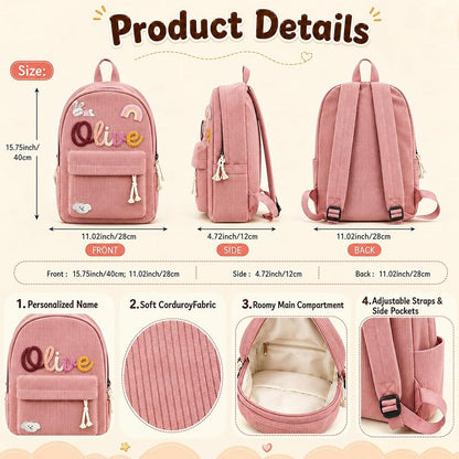Personalized Kids Backpack with Name Embroidery, Corduroy School Bag for Girls & Boys