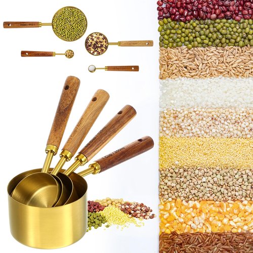 8 Piece Premium Stainless Steel Measuring Cups with Wood Handles, Gold Measuring Cups and Spoons Set,4 Stackable Wooden Measuring Cups and 4 Measuring Spoons Set for Baking Supplies in the Kitchen