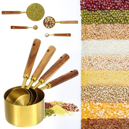 8 Piece Premium Stainless Steel Measuring Cups with Wood Handles, Gold Measuring Cups and Spoons Set,4 Stackable Wooden Measuring Cups and 4 Measuring Spoons Set for Baking Supplies in the Kitchen