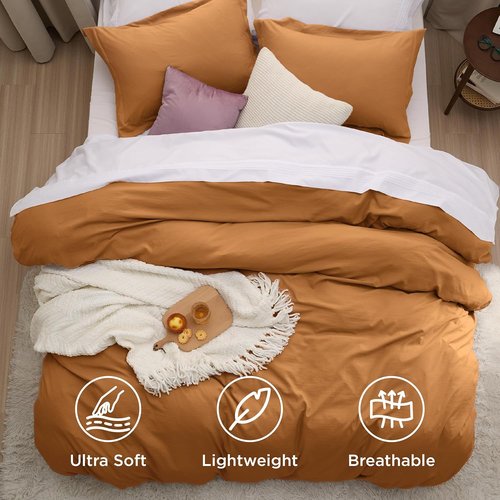 Bedsure Honey Ginger Duvet Cover - Extra Soft Queen Size Bedding Set with Zipper Closure & 2 Pillow Shams