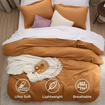 Bedsure Honey Ginger Duvet Cover Set - Extra Soft Cotton-Like Bedding, Full Size 80x90 Inches, 3 Pieces with Zipper Closure