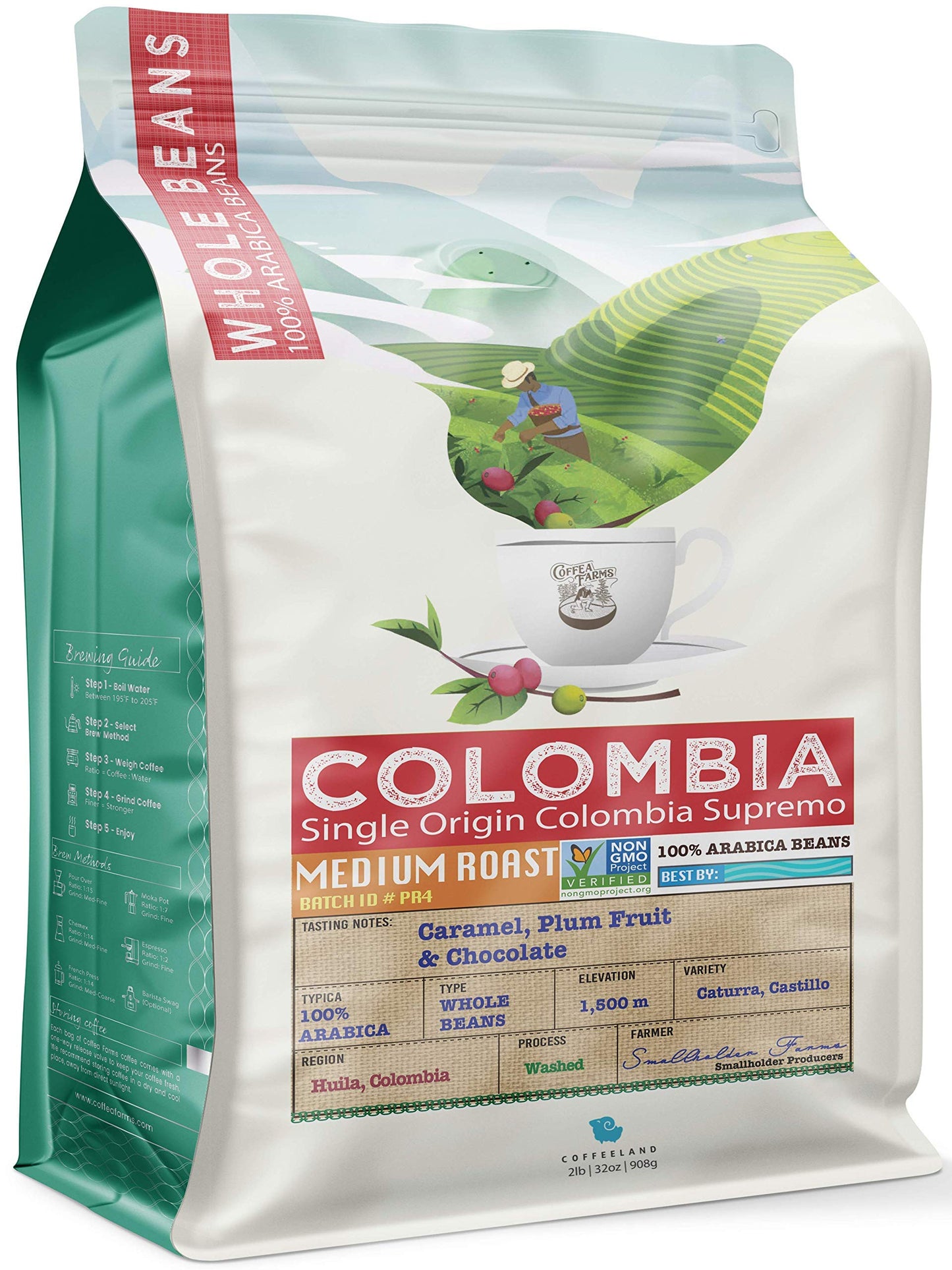 32 Ounce (2 LB) Non-Gmo Single Origin Colombia Medium Roast Whole Bean Coffee, Notes - Dark Chocolate, Plum, Caramel, CoffeaFarms by Coffeeland