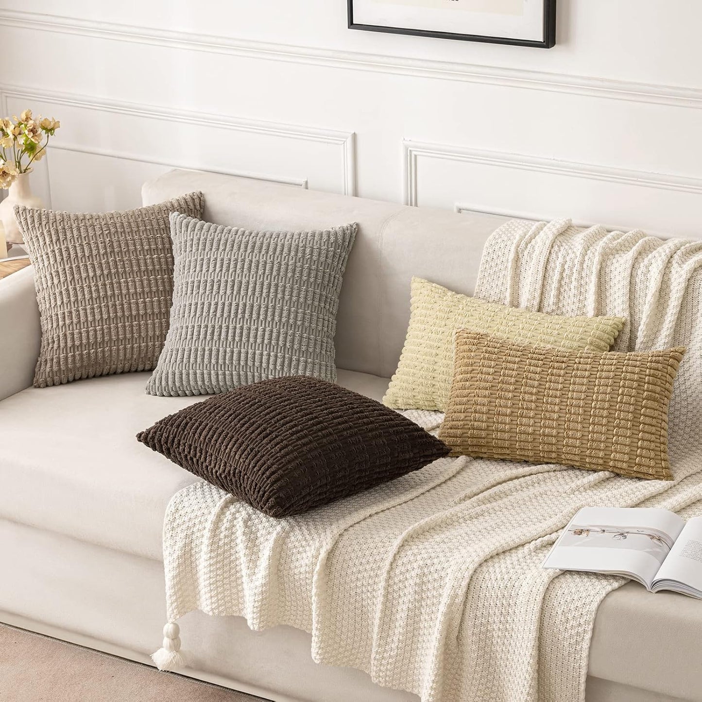 MIULEE Decorative Throw Pillow Covers - Soft Corduroy Boho Striped Design | 16x16 Inch, Dark Brown, Set of 2