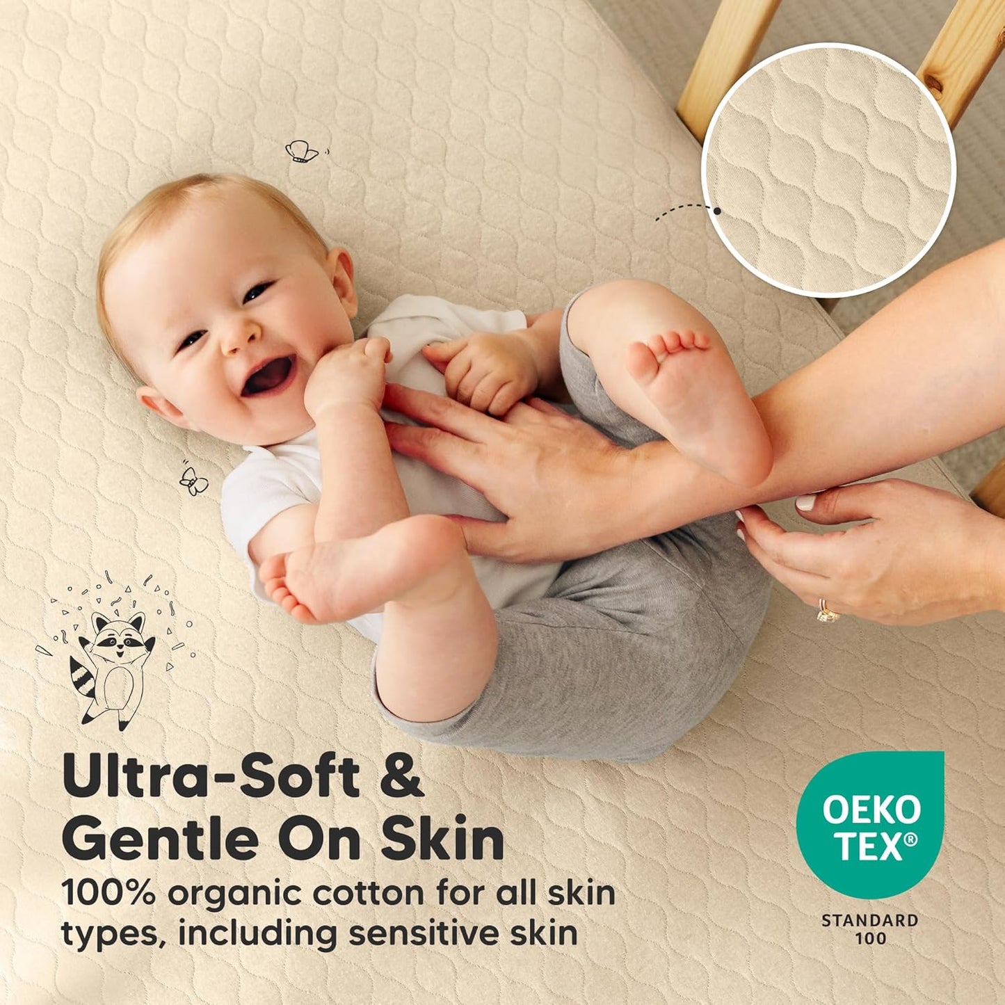 Skiennix Waterproof Crib Mattress Protector - Soft Quilted Cotton Pad, 52" x 28", Machine Washable | 2-Pack (Khaki/Mavy)