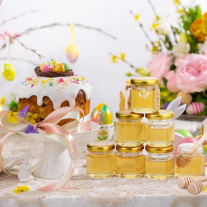 JIUHSHN 60Pcs Mini Glass Honey Jars 1.5Oz Hexagon Small Honey Jars In Bulk with Wooden Dippers,Bee Charms,Thank You Cards,Jutes and Stickers for Baby Shower Wedding Party Favors