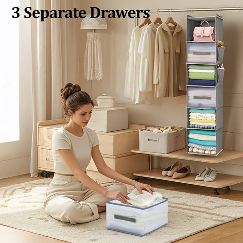 BIEBOS 6-Tier Hanging Closet Organizer with 3 Drawers and Side Pockets – Multi-Functional Storage for Shoes, Belts, Purses, and Clothing