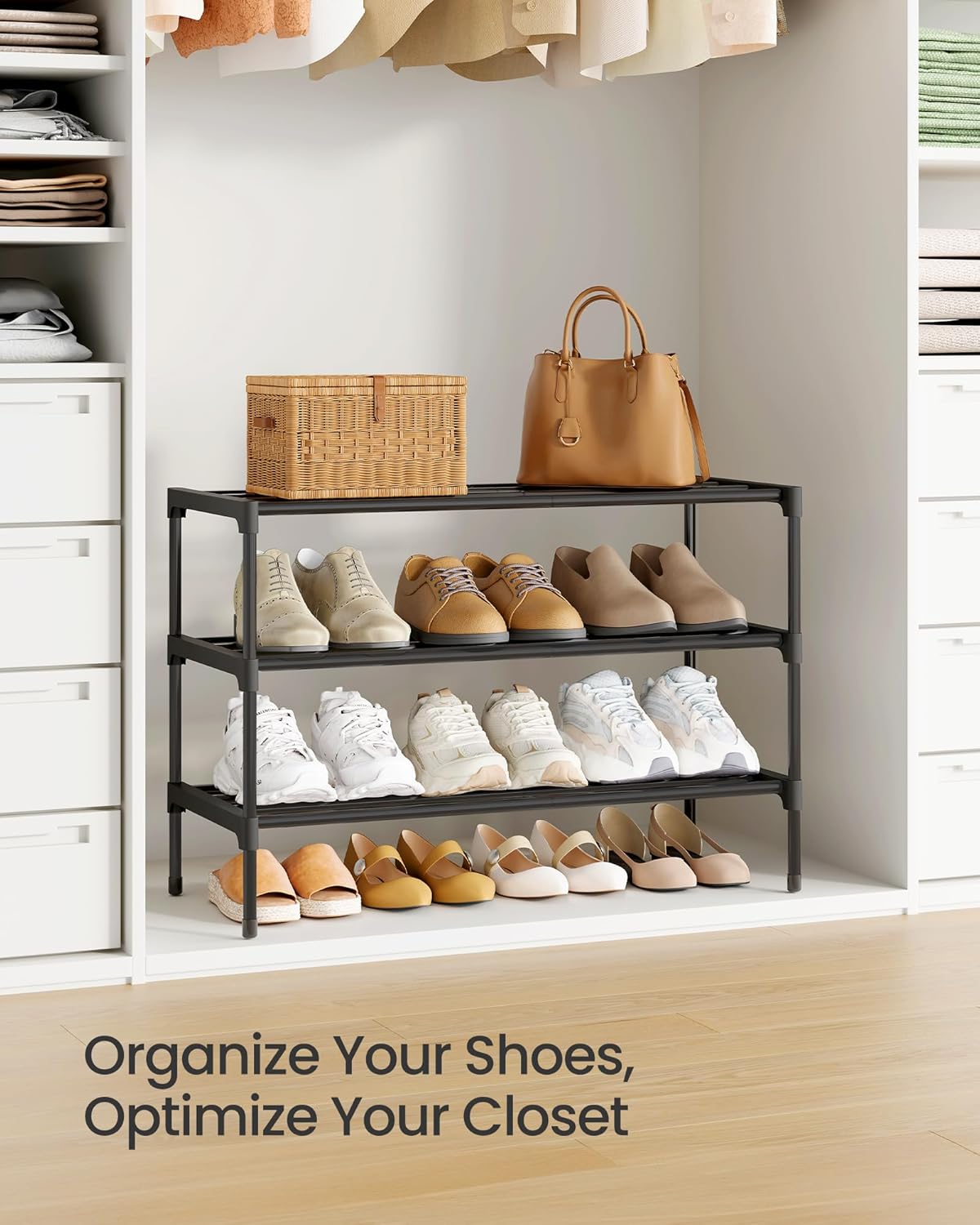 SONGMICS 3-Tier Shoe Rack - Compact Metal Organizer for Entryway & Bedroom | Stackable, Black, 11.8 x 24.5 x 19.1 Inches