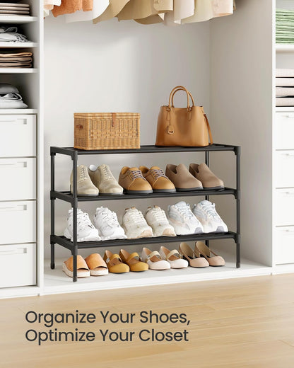 SONGMICS 3-Tier Shoe Rack - Compact Metal Organizer for Entryway & Bedroom | Stackable, Black, 11.8 x 24.5 x 19.1 Inches