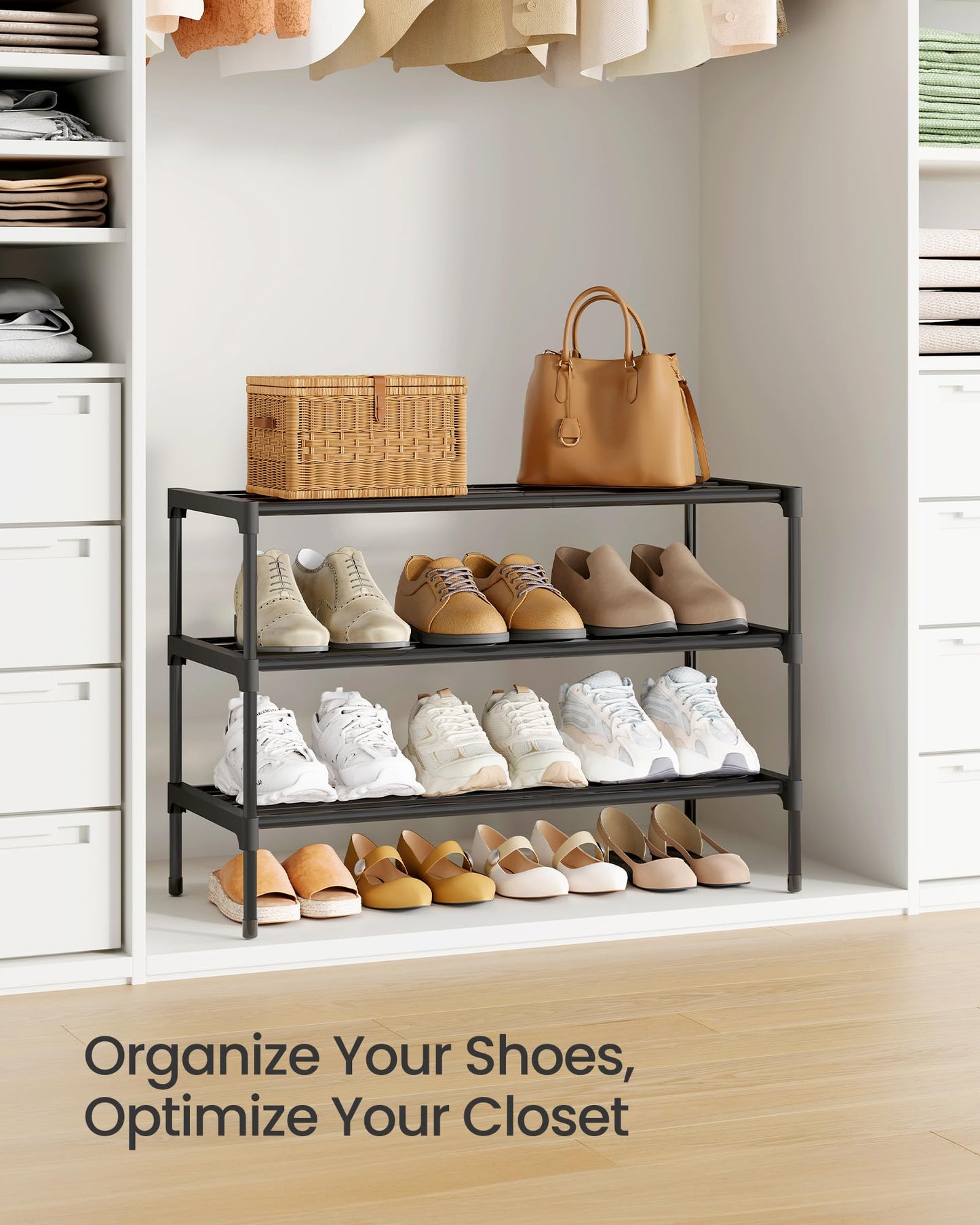 SONGMICS 3-Tier Shoe Rack for Closet, Compact Metal Shoe Organizer Shelf for Entryway, Bedroom, Small Spaces, Stackable, 11.8 x 24.5 x 19.1 Inches, Black ULSA123BH01