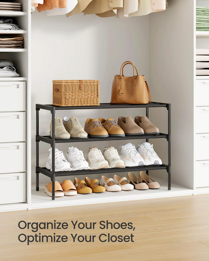 SONGMICS 3-Tier Shoe Rack for Closet, Compact Metal Shoe Organizer Shelf for Entryway, Bedroom, Small Spaces, Stackable, 11.8 x 24.5 x 19.1 Inches, Black ULSA123BH01