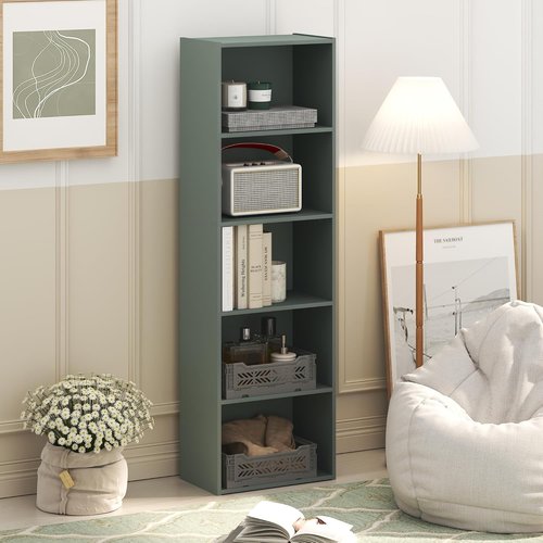 Furinno LUDER 5-Tier Bookshelf - Open Shelves Design for Easy Assembly | Sage Green, 9.4 x 15.8 x 52 Inches