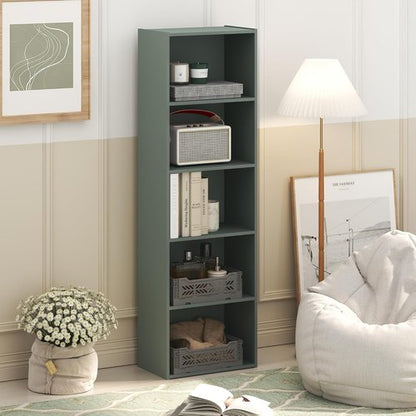 Furinno LUDER 5-Tier Bookshelf - Open Shelves Design for Easy Assembly | Sage Green, 9.4 x 15.8 x 52 Inches