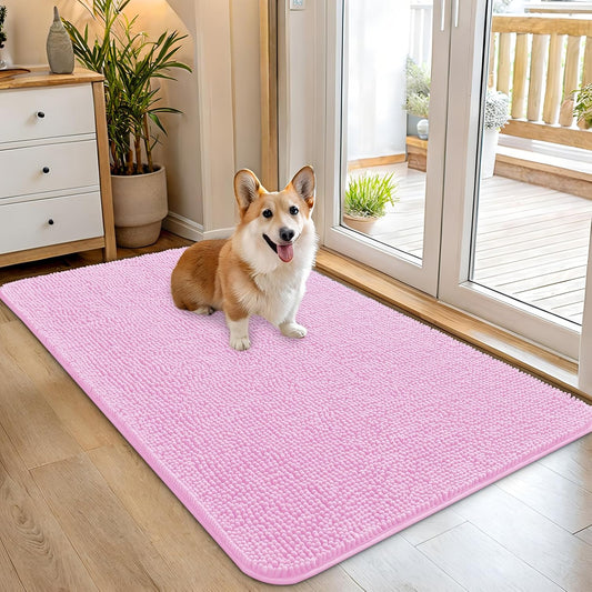 OLANLY Dog Door Mat - Absorbent Non-Slip Washable Doormat for Muddy Paws | Quick Dry Chenille, 45x27, Pink