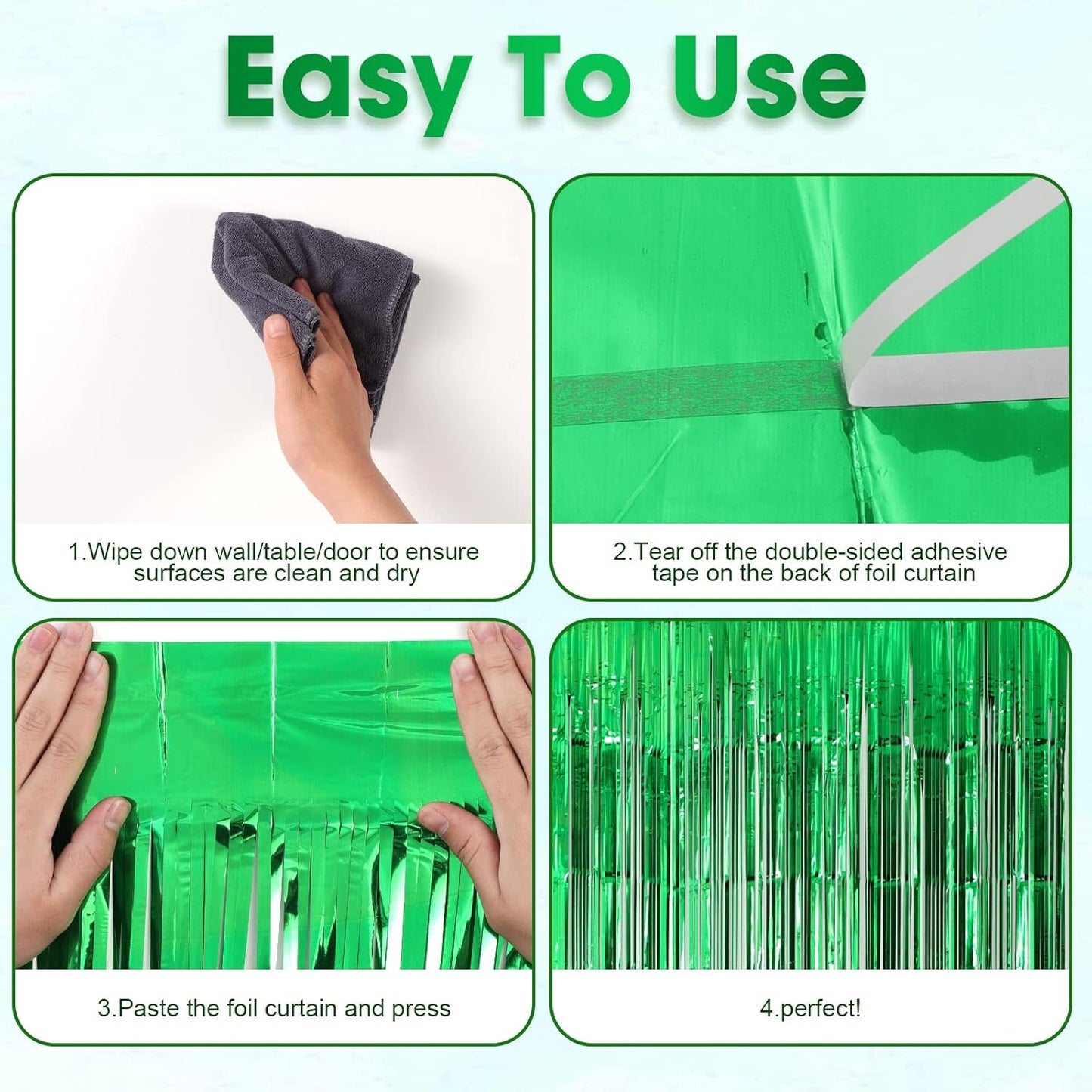 Voircoloria Green Foil Fringe Backdrop Curtains - 3 Pack Tinsel Streamers for Parties & Events | 3.3x8.2 Feet