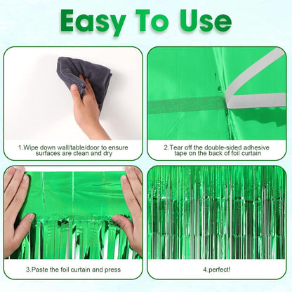 Voircoloria Green Foil Fringe Backdrop Curtains - 3 Pack Tinsel Streamers for Parties & Events | 3.3x8.2 Feet