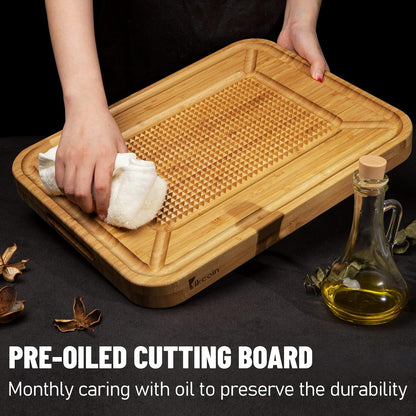 Turkey Carving Board - Heavy Duty Bamboo Wood Butcher Block with Juice Groove & Pyramid Spikes