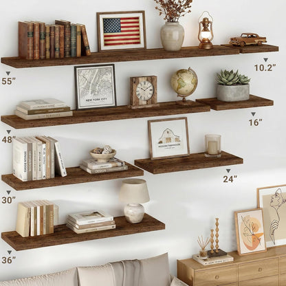 Vivelove 10-Inch Deep Floating Shelves - Rustic Brown Wall Decor | Set of 2 with Invisible Brackets
