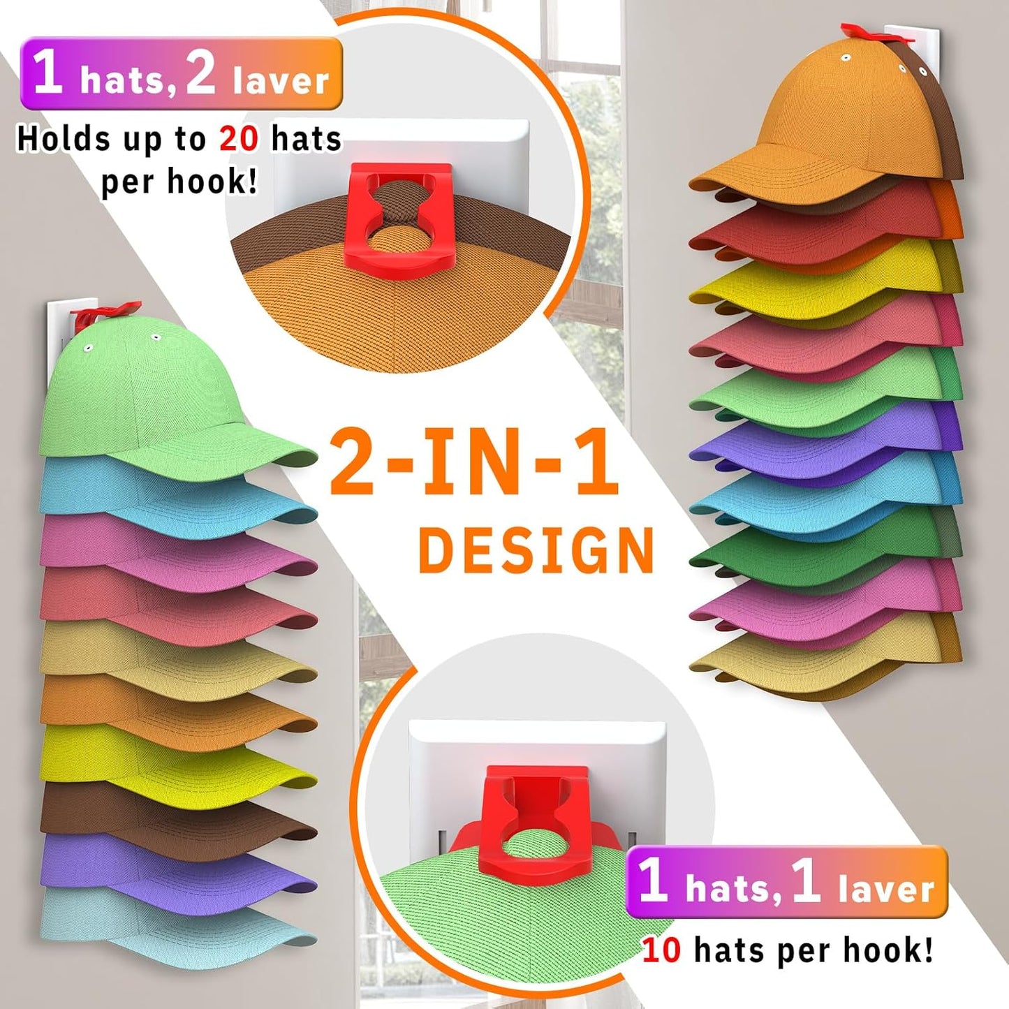 Volnamal Hat Organizer - 2 Pack Baseball Cap Rack Holds Up to 40 Hats | Space-Saving Wall Hanger (White & Color)
