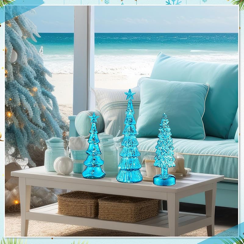 Blue Classic 3-Pack Glass Christmas Trees with LED Lights
