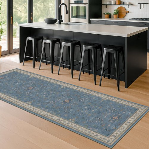 Hazo Haus Boho 2x6 Non Slip Kitchen Rug Runner - Light Blue Washable Rug for Bathroom, Laundry Room, Hallway, Non Slip with Rubber Backing, Floral Eclectic Unique Runner Décor
