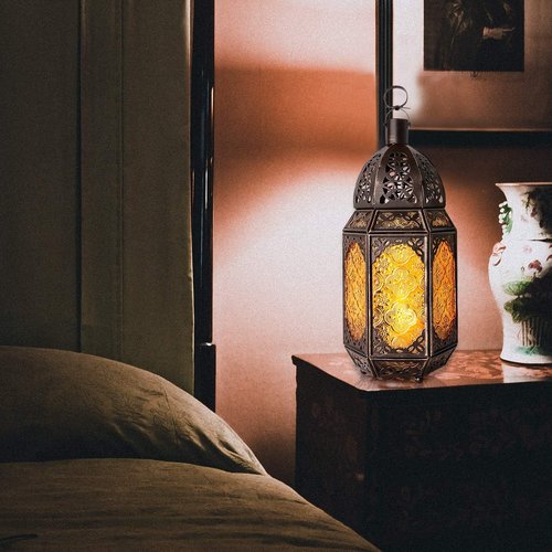 Lewondr Moroccan Style Metal Glass Candle Lantern - Portable Hanging Wind Lantern for Home & Garden - Copper & Yellow