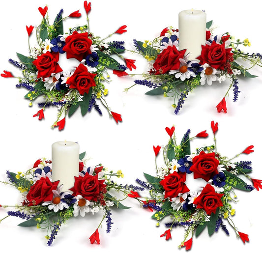 Veterans Day Candle Rings - 4 Pcs Red, White & Blue Mini Floral Wreaths for Patriotic Decor