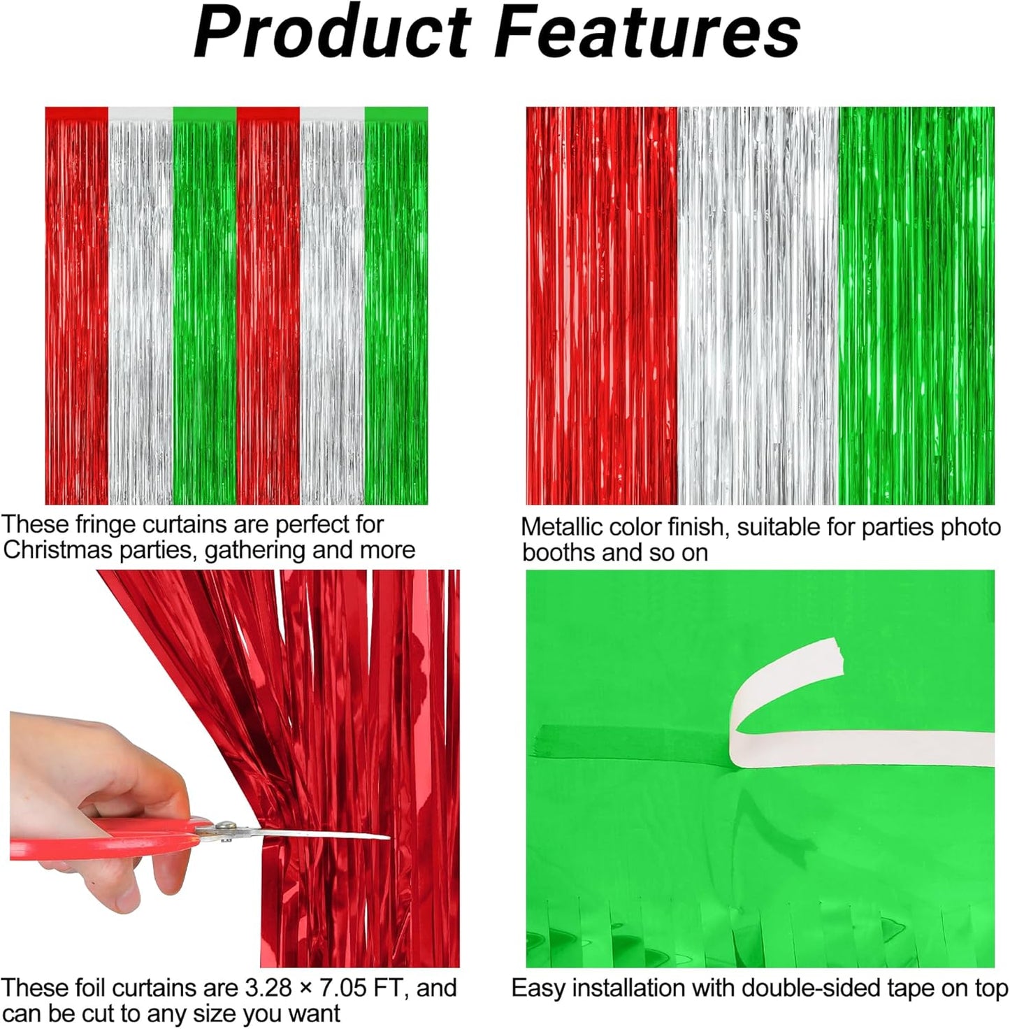 Regine Switzerland Christmas Backdrop - 2 Pack Metallic Red Silver Green Streamers | 3.28 FT x 7.05 FT Foil Tinsel Decor