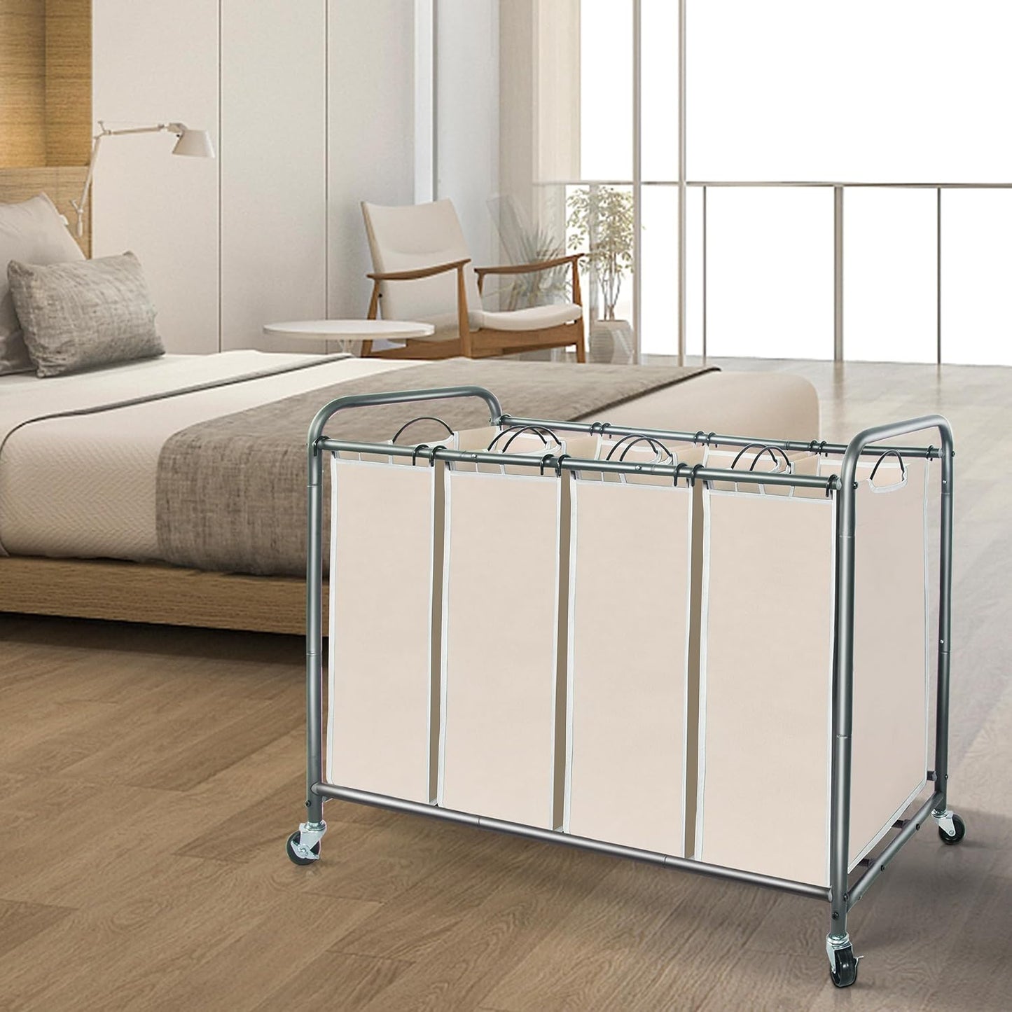Storage Maniac Laundry Sorter - 4-Section 47.8 Gal Hamper Cart with Wheels & Removable Bags | Beige
