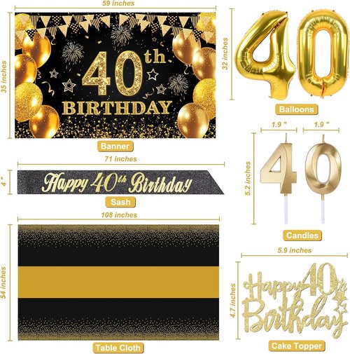 40th Birthday Decorations - Black and Gold Banner, Table Cloth, Balloons, Sash & Cake Topper