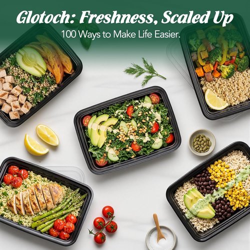 Glotoch 16oz Meal Prep Containers - 10-Pack Reusable, Leakproof & Microwave Safe | Black
