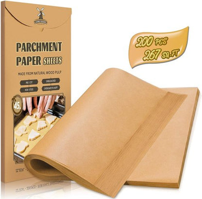 200 Pcs Unbleached Parchment Paper Sheets by [Brand Name] - Precut Non-Stick 12 x 16 Inch for Baking, Cooking & Grilling