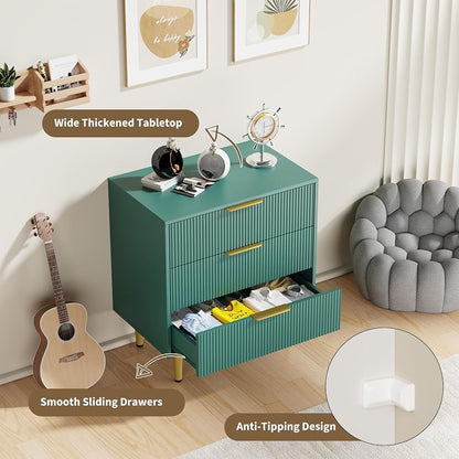 3-Drawer Storage Chest with Vertical Groove Panels and Tapered Metal Legs - Green, 28" × 16.9" × 29.9"